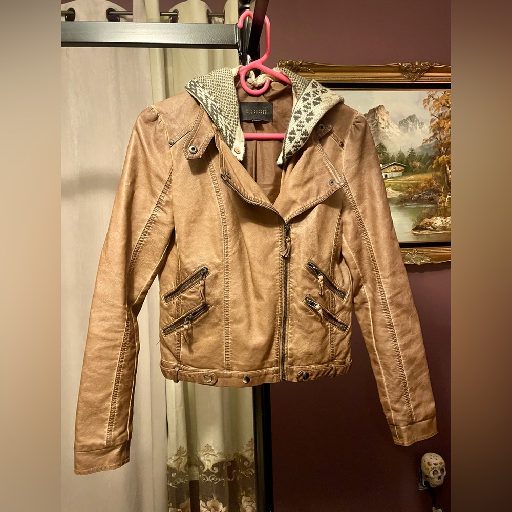 Blu pepper ~ tan leather jacket with detachable cotton hood